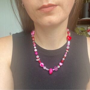 Aphrodite Pink & Red Beaded Necklace Stone Hearts Flowers Spiral Tie Dye Evileye